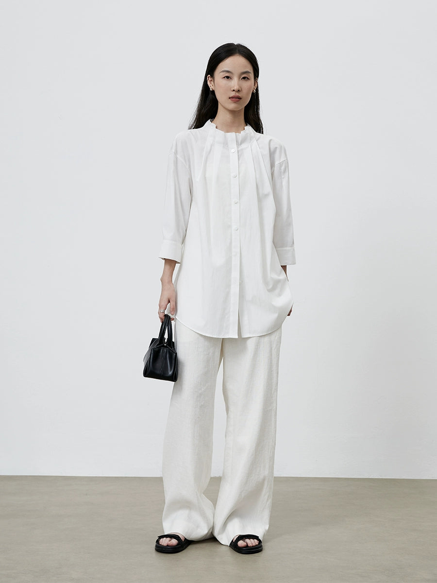 [Camisa de órgano] Camisa holgada elegante blanca CAREMIND, camisa de manga cinco cuartos de largo y ancho medio con cinturón 