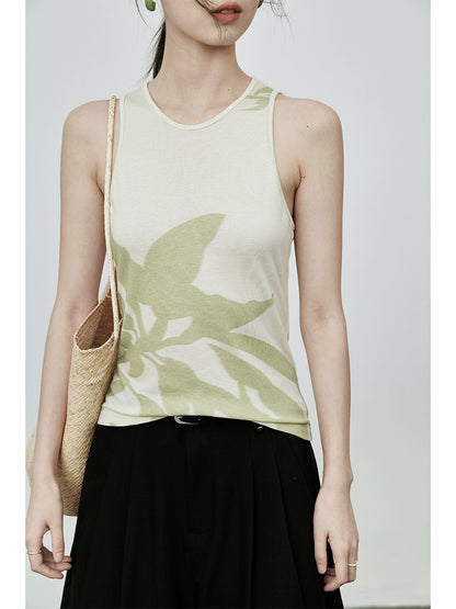 CAREMIND Gilet ajusté imprimé végétal pour femme, petit haut sans manches à bas chinois