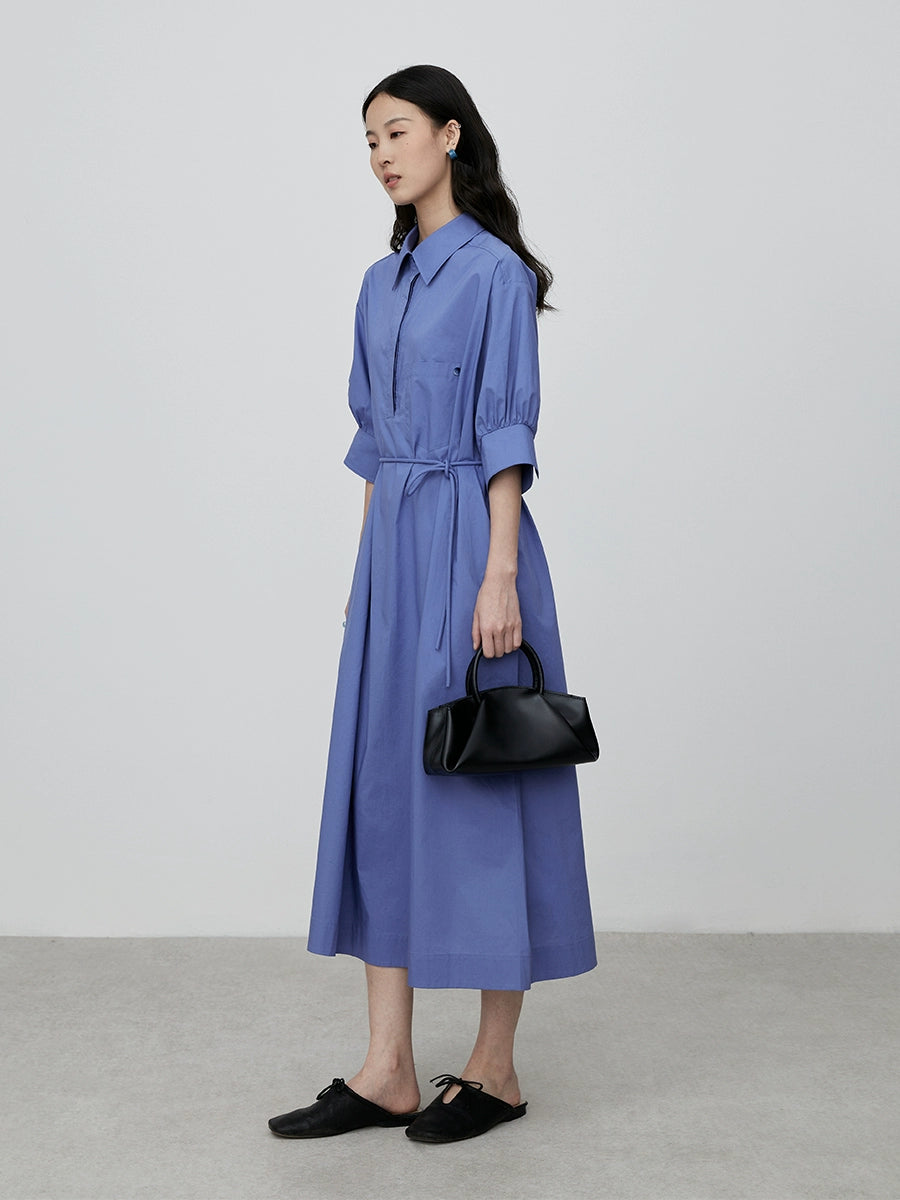 [Shirt Skirt] CAREMIND Waist Tie Skinny Shirt Skirt Blue Simple Design Dress Autumn