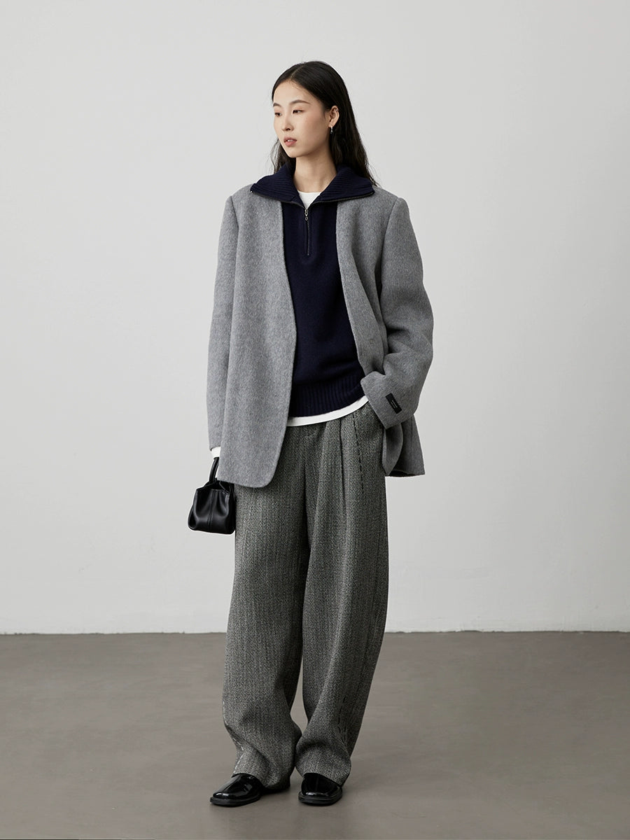 [Pantalones Charles] Pantalones de sarga de espiga gris de cintura alta CAREMIND, pantalones casuales rectos para mujer, primavera y otoño 