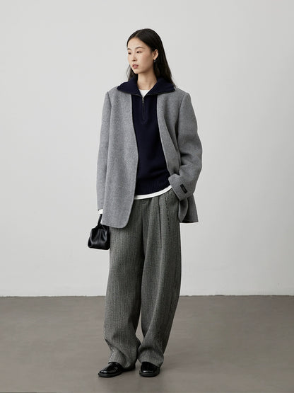 [Pantalones Charles] Pantalones de sarga de espiga gris de cintura alta CAREMIND, pantalones casuales rectos para mujer, primavera y otoño 