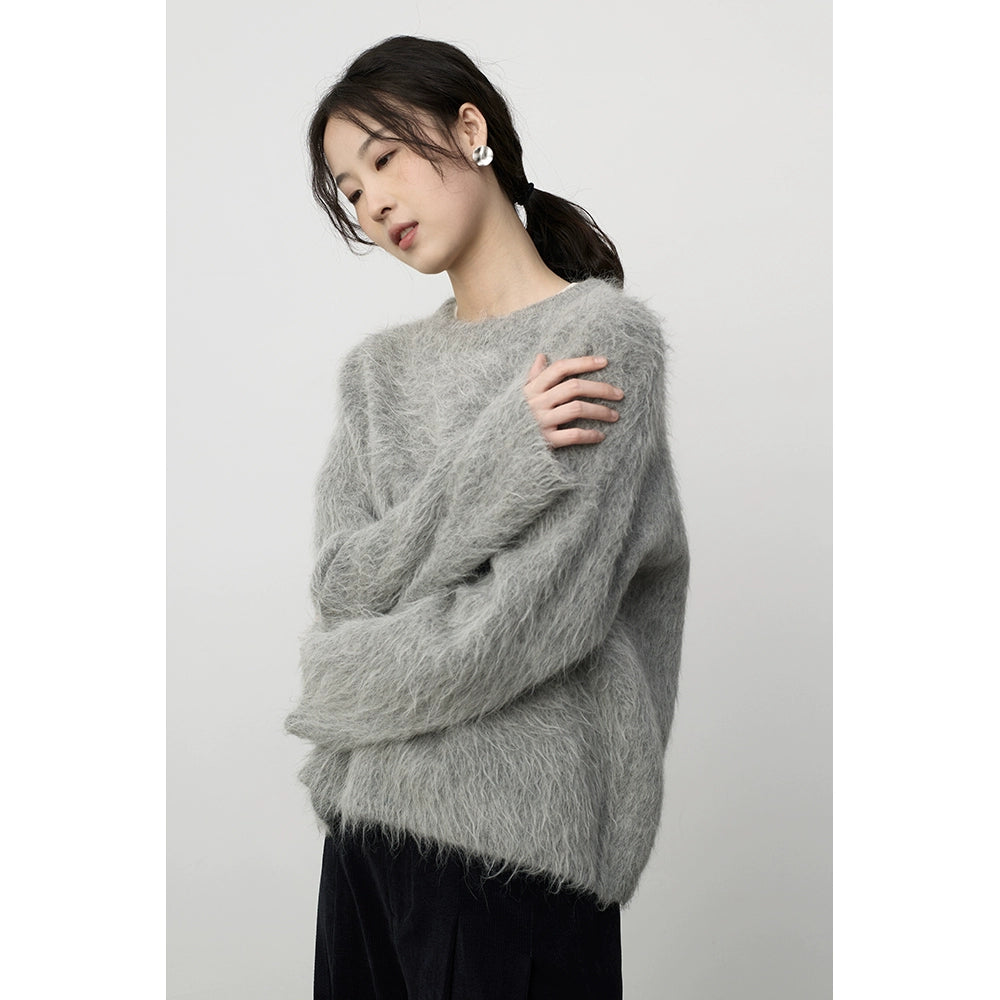 Jersey suave premium nuevo CAREMIND de pelo largo de alpaca gris para mujer 2024 