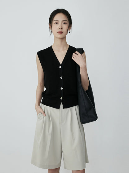 Pantalones anchos de pierna de traje de albaricoque CAREMIND, pantalones de cinco puntos, pantalones cortos casuales de cintura alta y pierna ancha de verano para mujer 