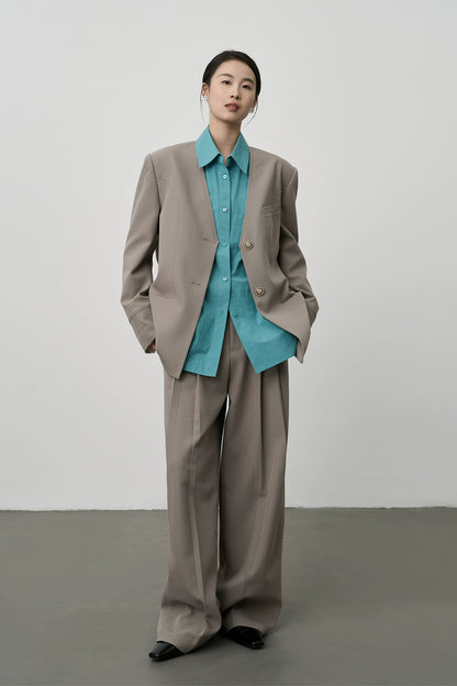 Traje de café gris temperamento CAREMIND, blazer minimalista sin cuello, pantalones rectos colgantes 