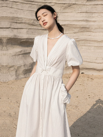 CAREMIND 23SS [Mia] Vestido camisero de mujer con escote en V y rayas, original 