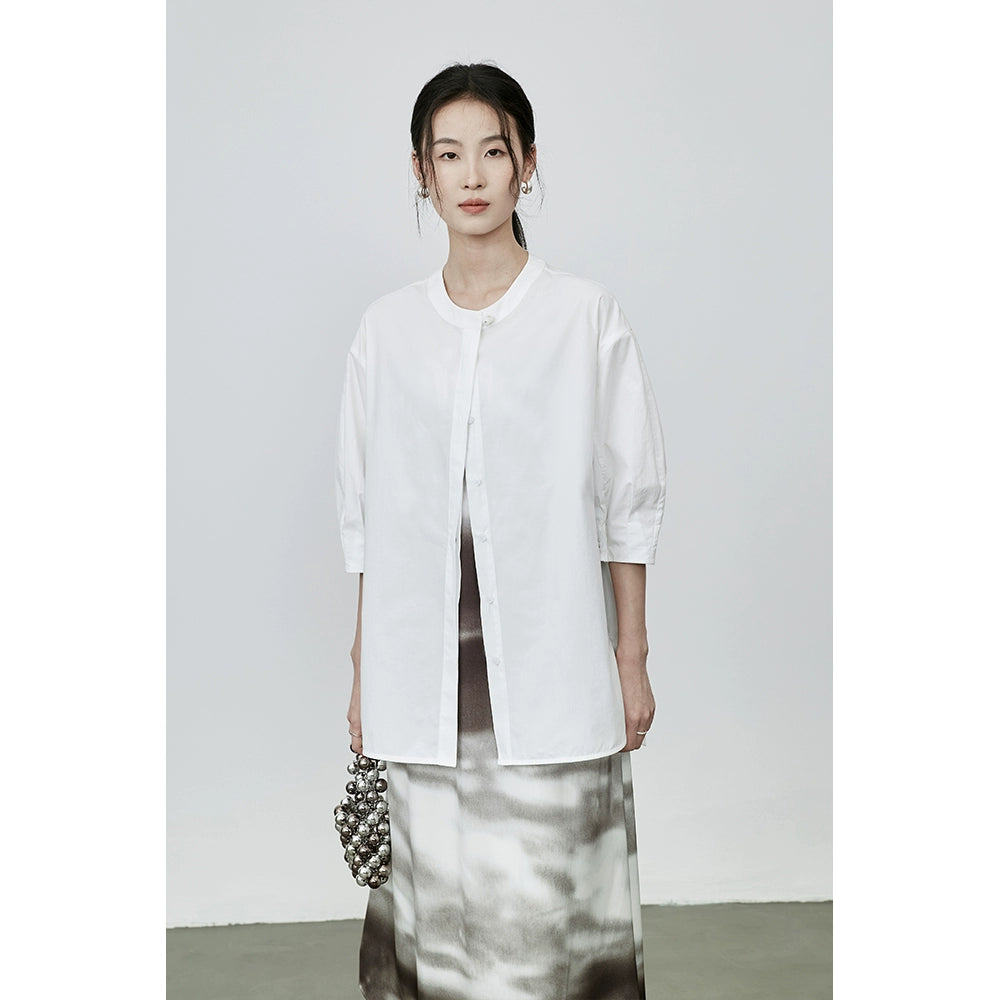 CAREMIND Nouvelle chemise boutonnée élégante chinoise couleur unie automne nouveau design haut à manches moyennes chemise de banlieue