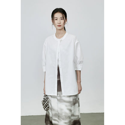 CAREMIND Nouvelle chemise boutonnée élégante chinoise couleur unie automne nouveau design haut à manches moyennes chemise de banlieue