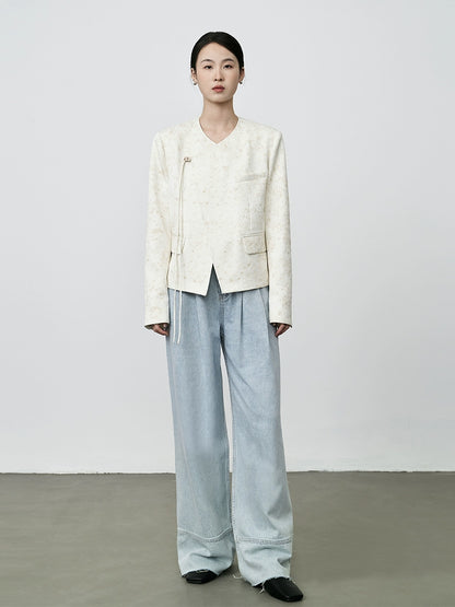 CAREMIND Nuevo abrigo corto de estilo nacional chino con hebilla de disco beige y textura pequeña y fragante para mujer 