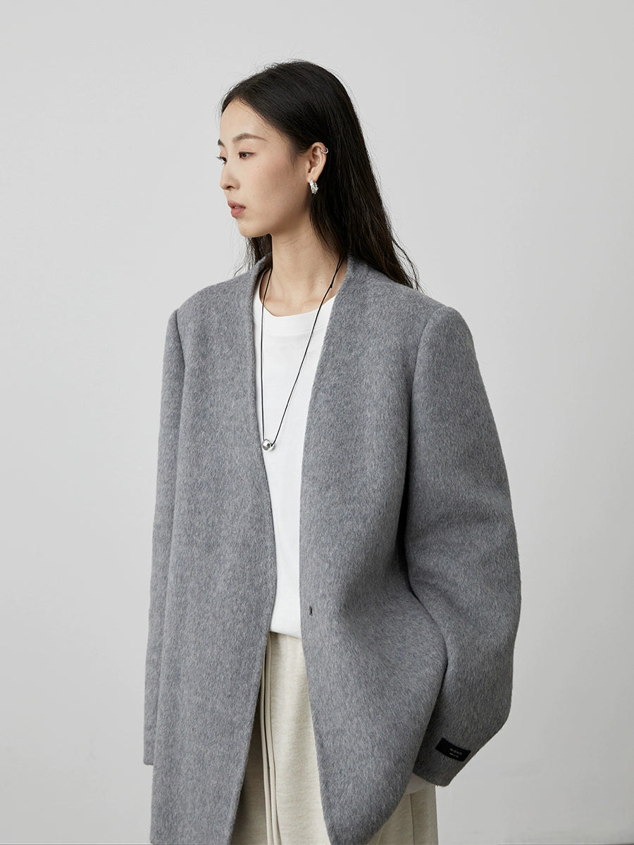 [Traje de lana sin cuello] Chaqueta francesa de pura lana CAREMIND, abrigo corto holgado de lana 