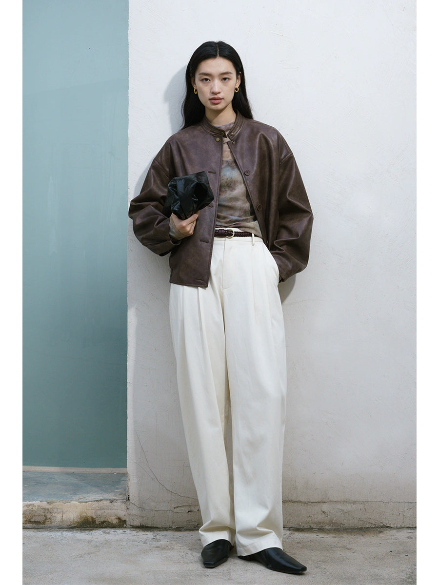 [Urban Nomad] CAREMIND retro yellow-brown leather jacket Merad stand-up collar temperament top