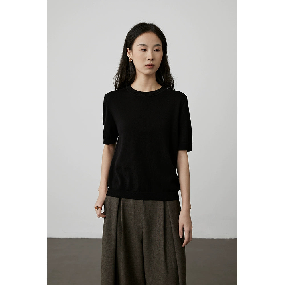[Soft Wool Weaving] CAREMIND Simple Two-Color Short Sleeve Knitted T-Shirt Top Casual Crew Neck Skin-friendly Inside