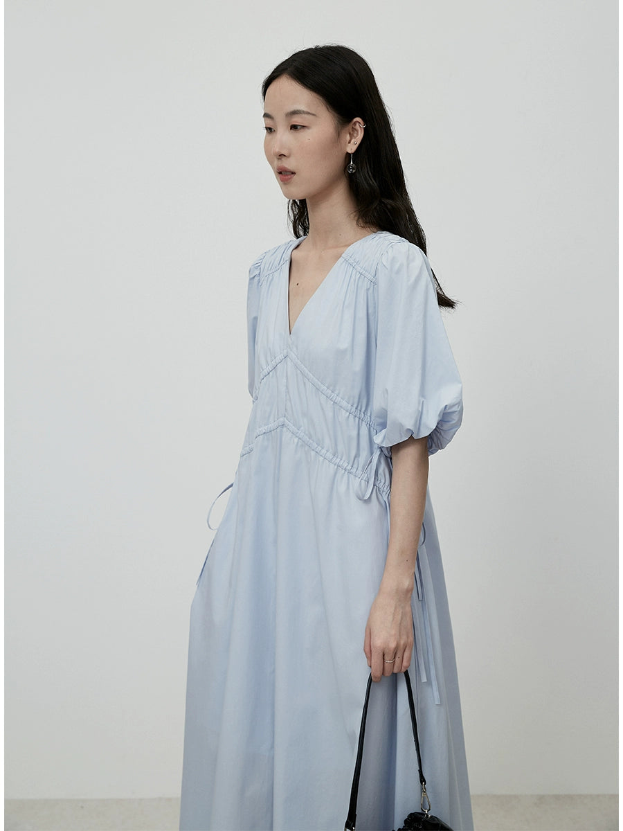 CAREMIND Vestido azul claro ajustado con escote en V francés, elegante falda con pliegues en la cintura y palabra de honor para niños 