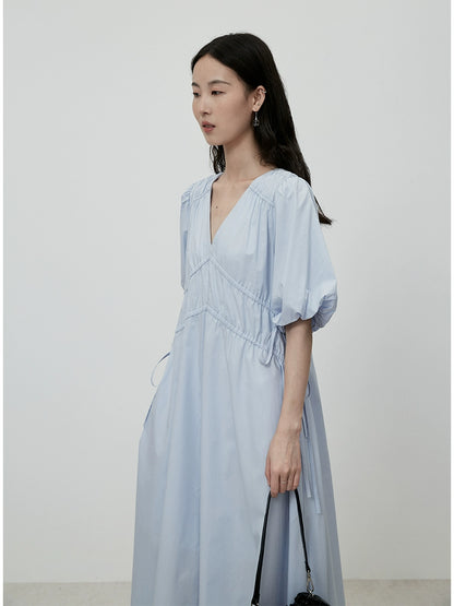 CAREMIND Vestido azul claro ajustado con escote en V francés, elegante falda con pliegues en la cintura y palabra de honor para niños 