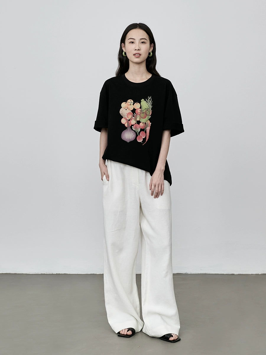 CAREMIND Camiseta con estampado divertido de frutas y verduras de estilo japonés, sencilla, literaria y fresca, de algodón, de manga corta 