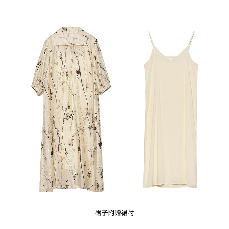 CAREMIND New Chinese ink print dress elegant temperament long dress children/with skirt lining