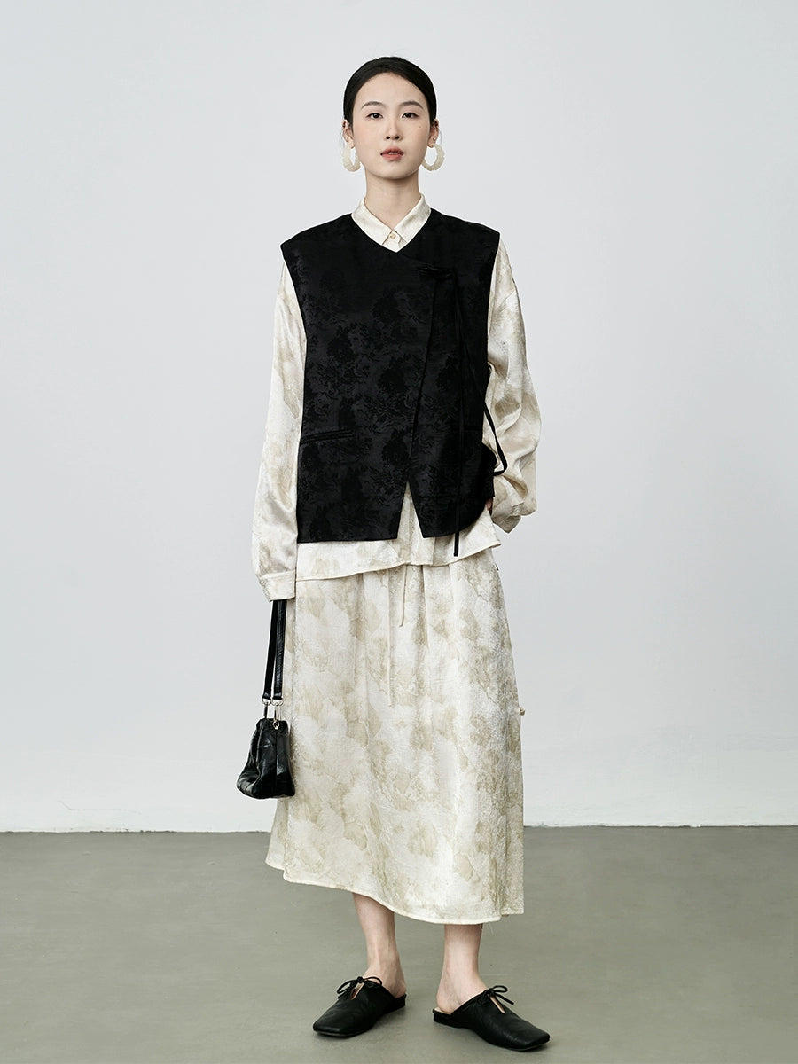 CAREMIND Nouveau costume abricot chinois, jupe à manches longues en satin à fleurs de style national, costume deux pièces pour femme