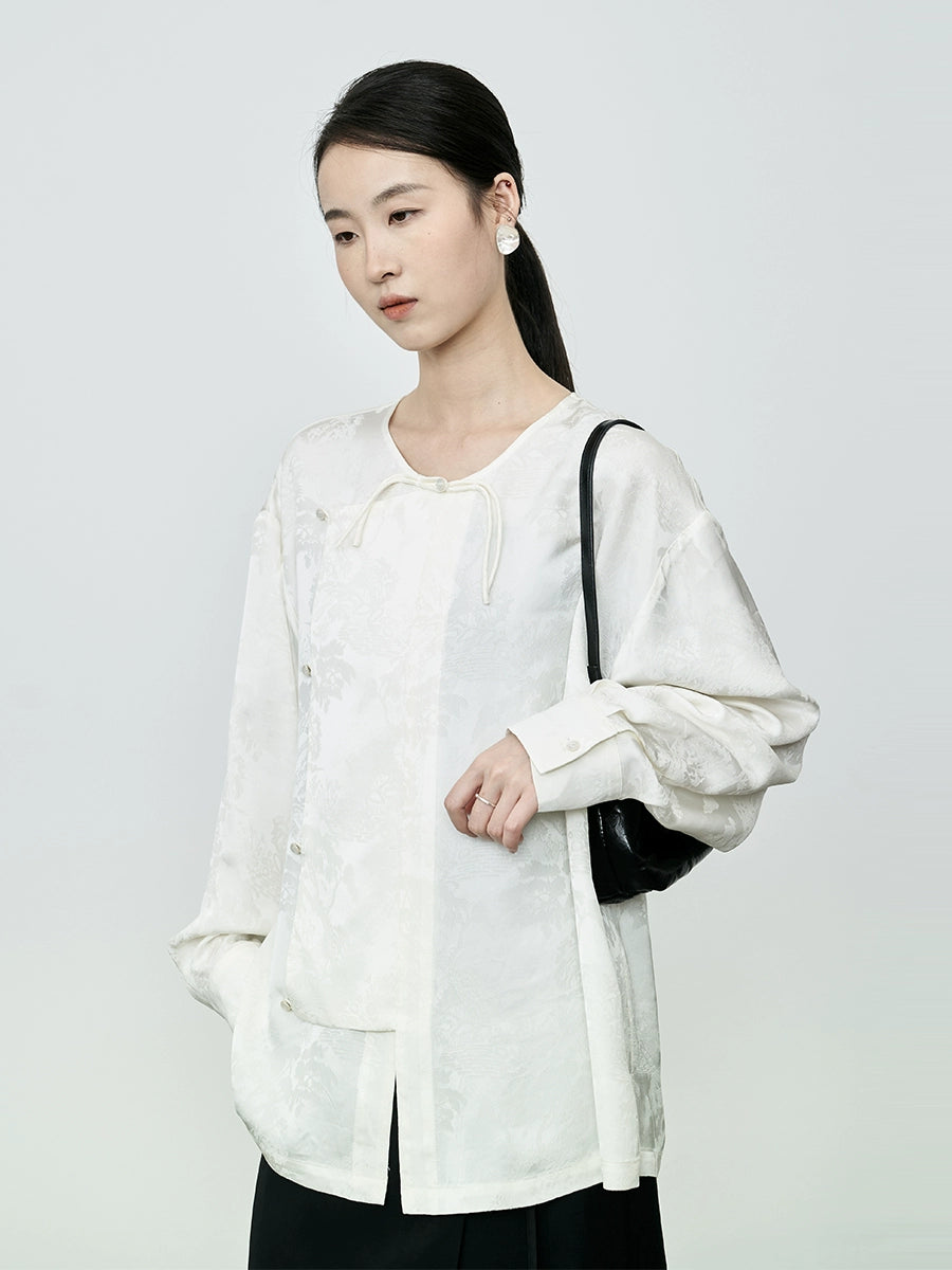 Camisa de manga larga con botones y tapeta diagonal en jacquard de color albaricoque de CAREMIND, estilo nacional de primera calidad, de satén 