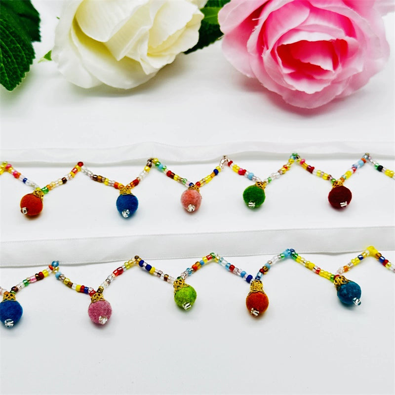 3682  Ethnic style small ball color handmade beaded curtains lace dance skirt fringed row whiskers ears ancient lamps straight hanging decoration