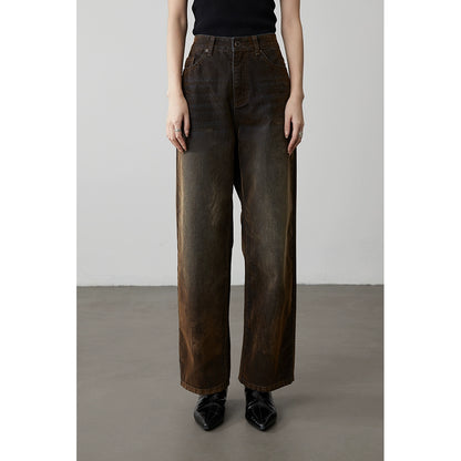 [Velvet pants] CAREMIND coffee color heavy industry washed old jeans high waist thin versatile straight pants