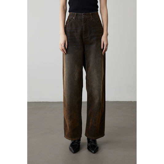 [Velvet pants] CAREMIND coffee color heavy industry washed old jeans high waist thin versatile straight pants