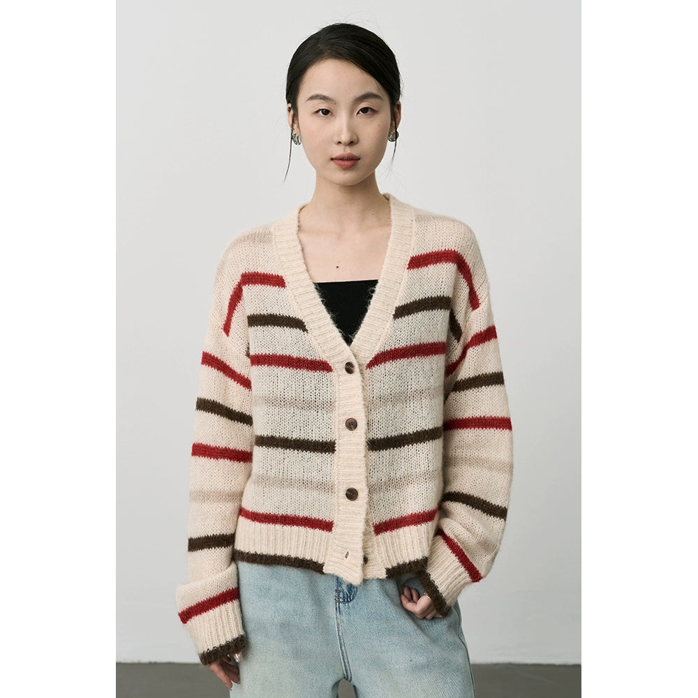 Chaqueta de punto con textura de mohair de primera calidad para mujer, cárdigan retro japonés de color contrastante de CAREMIND 