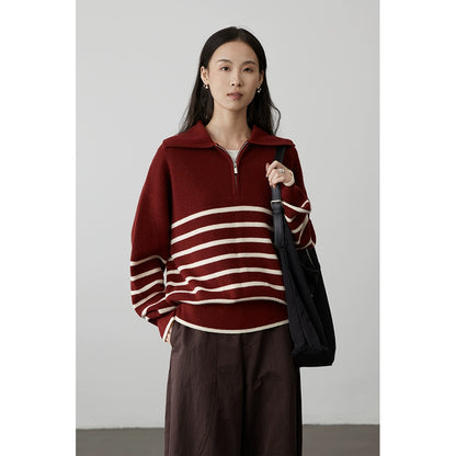 [Amigos] Suéter de solapa con rayas en contraste color caramelo de CAREMIND Suéter de punto holgado y holgado para primavera y otoño 