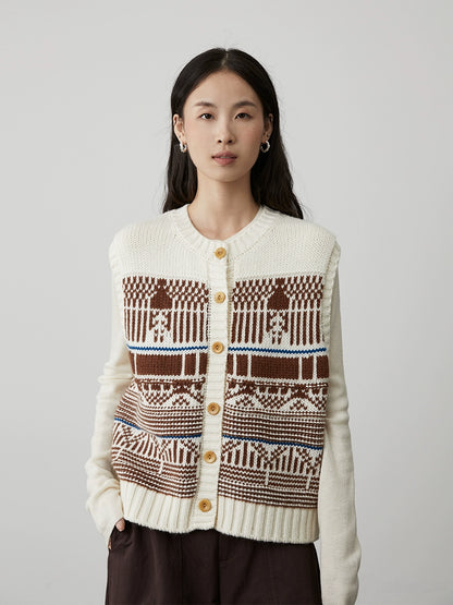 [Utopia] CAREMIND retro simple crochet vest vest button contrasting color sleeveless vest sweater autumn