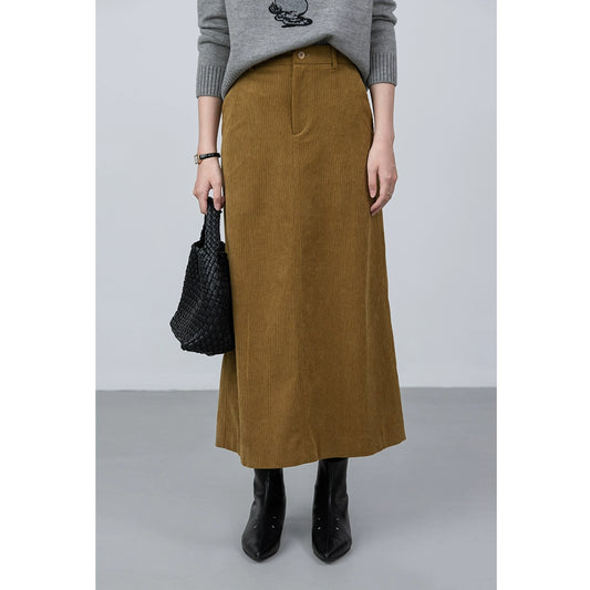 Falda retro CAREMIND que cubre la carne, falda mediana y larga de pana color jengibre para mujer