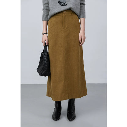 Falda retro CAREMIND que cubre la carne, falda mediana y larga de pana color jengibre para mujer 