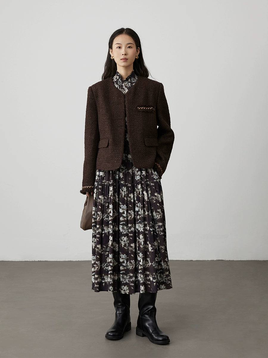 [Ebony streamer] Chaqueta corta tejida sin cuello de color marrón café de primera calidad para otoño e invierno de CAREMIND, temperamento, top pequeño y fragante 