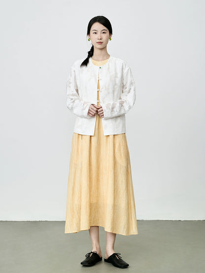 [Jacquard en relieve] Nueva camisa china de protección solar CAREMIND Chaqueta ligera de cuello redondo blanca Xiaoxiangfeng Top Otoño 