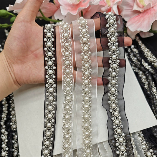 3720 Accesorios de ropa con cuentas de perlas para la industria pesada, encaje de cuentas de malla, accesorios decorativos hechos a mano para cuellos de ropa DIY