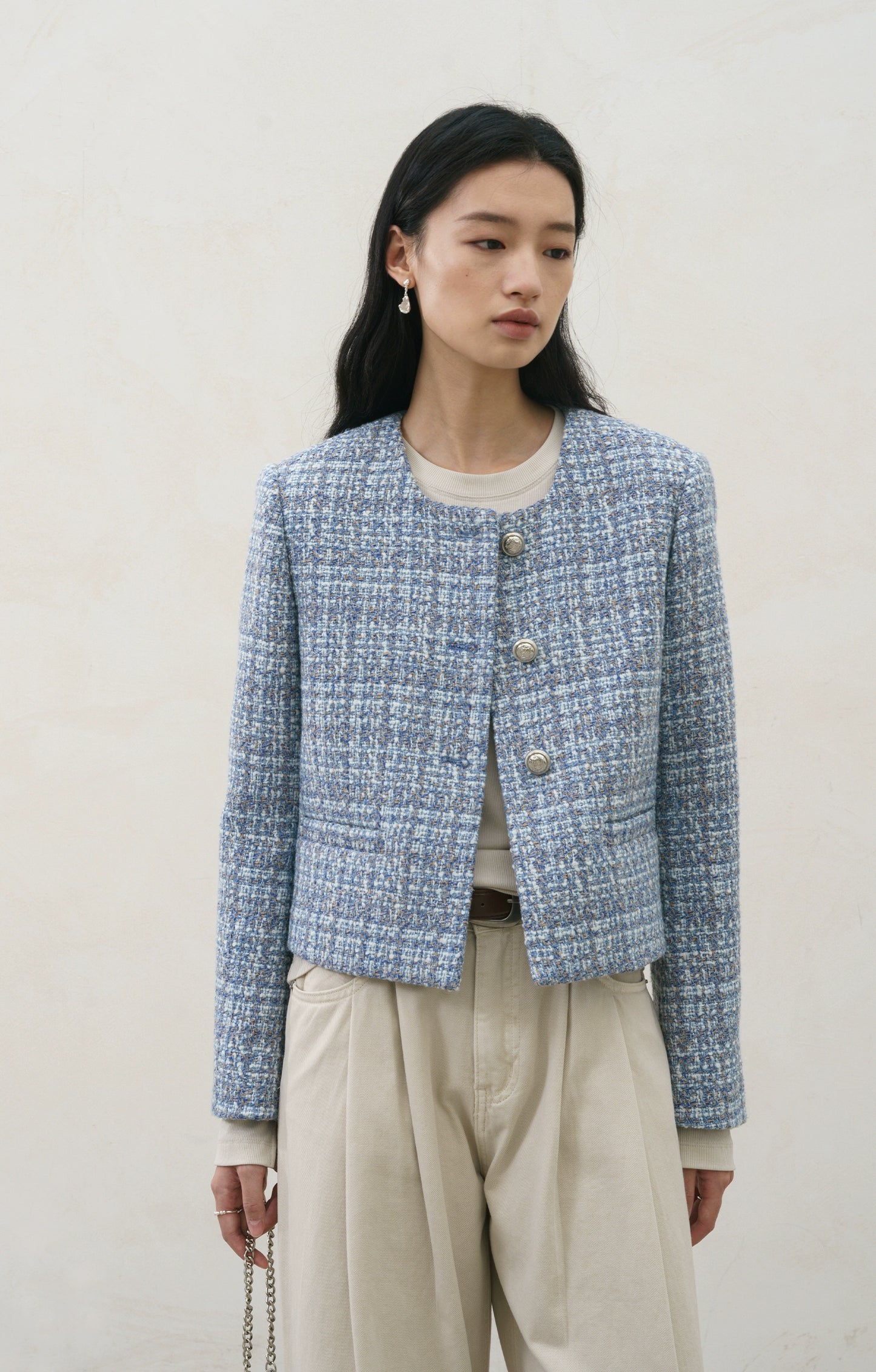 [Oferta especial por tiempo limitado] Chaqueta Xiaoxiangfeng azul de diseño original, otoño e invierno, top corto de tweed para desplazamientos 
