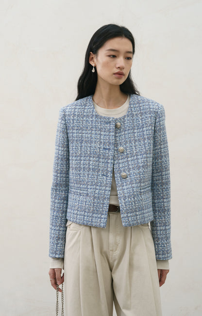 [Oferta especial por tiempo limitado] Chaqueta Xiaoxiangfeng azul de diseño original, otoño e invierno, top corto de tweed para desplazamientos 