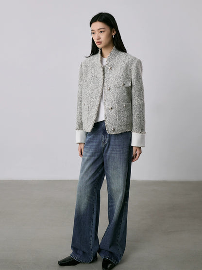 [Special price] Gray texture small fragrant coat women's short exquisite stand-up neck cardigan top autumn and winter new
