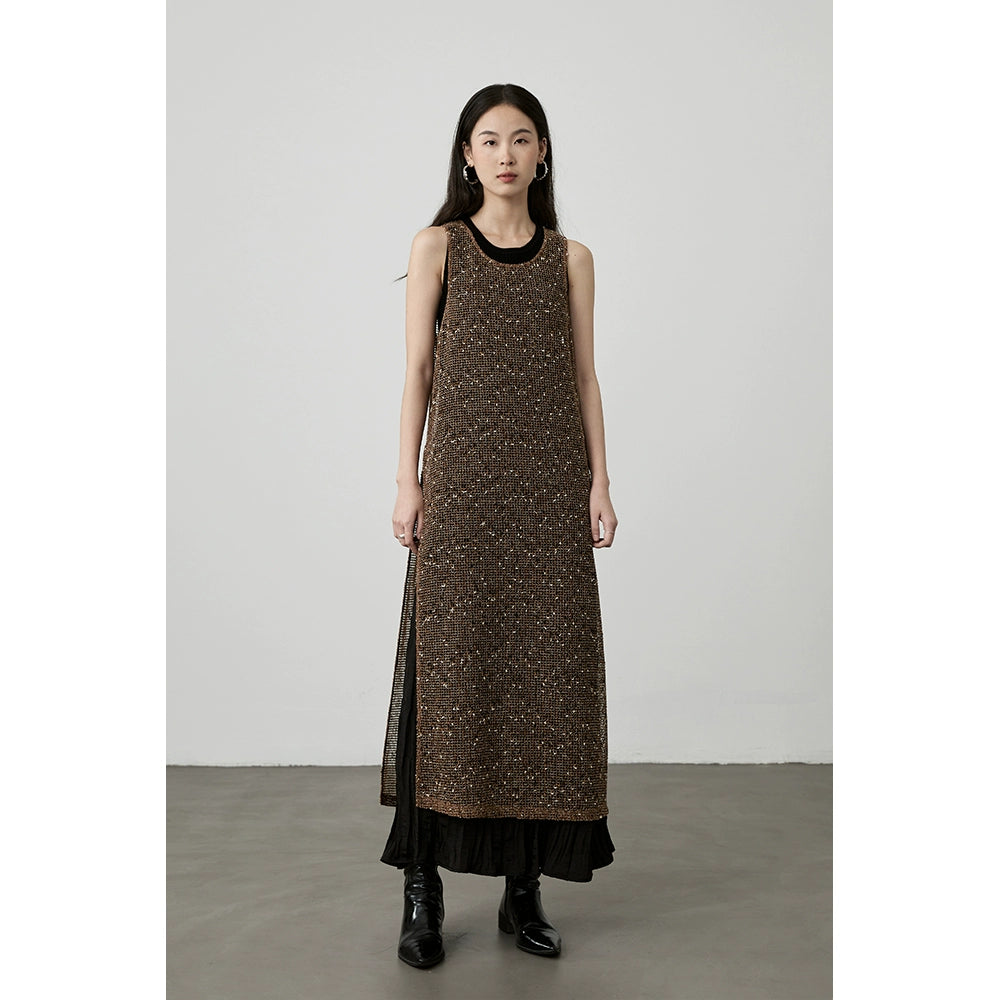[Stack good things] CAREMIND caramel hollow stacked vest blouse split sleeveless dress