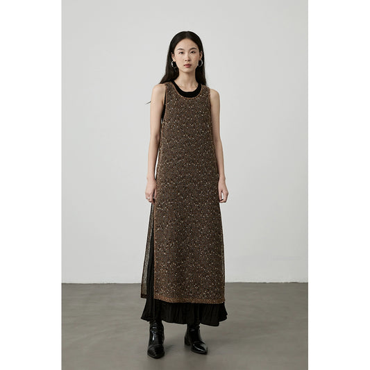[Stack good things] CAREMIND caramel hollow stacked vest blouse split sleeveless dress