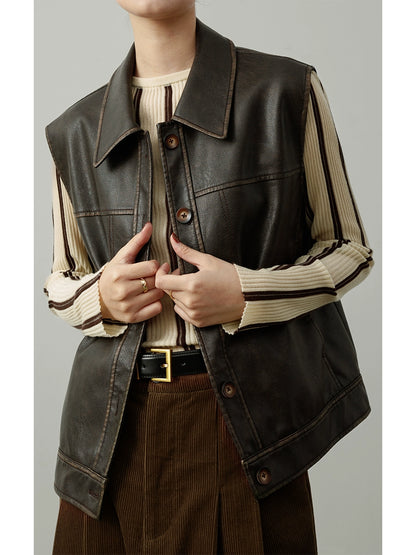 Chaleco sin mangas con diseño original de CAREMIND, chaleco con solapa exterior para mujer, chaqueta de cuero con diseño de solapa, otoño, primavera y otoño 