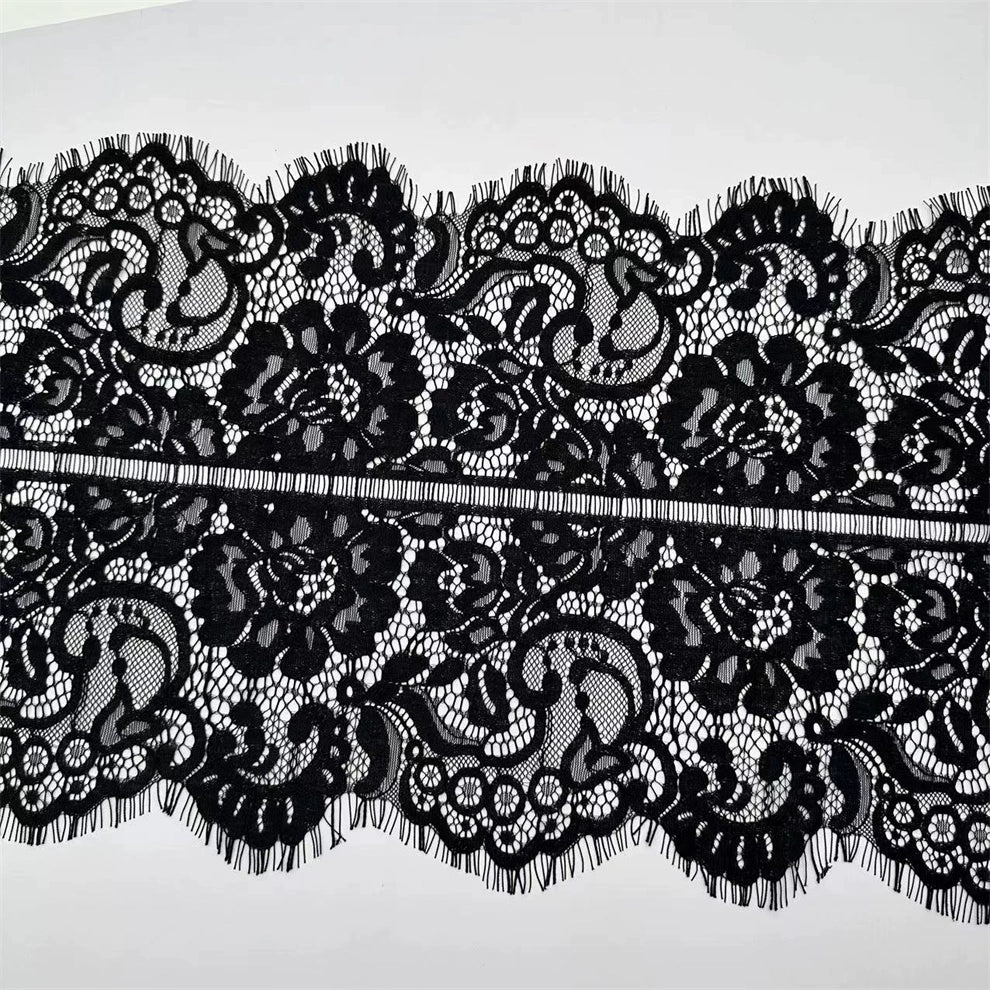 3755 Precio de tres metros, línea de hueso que contiene algodón de alta calidad, tela de encaje de pestañas, blanco y negro, tela de empalme de ropa bilateral