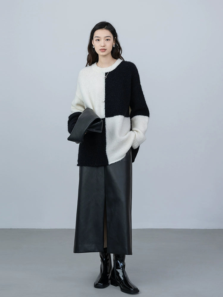 [Oferta por tiempo limitado] Suéter de punto con cuadros en blanco y negro de lana y mohair de CAREMIND Otoño Nuevo 