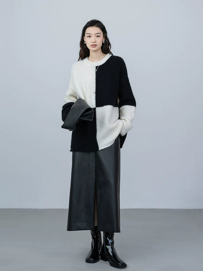 [Oferta por tiempo limitado] Suéter de punto con cuadros en blanco y negro de lana y mohair de CAREMIND Otoño Nuevo 