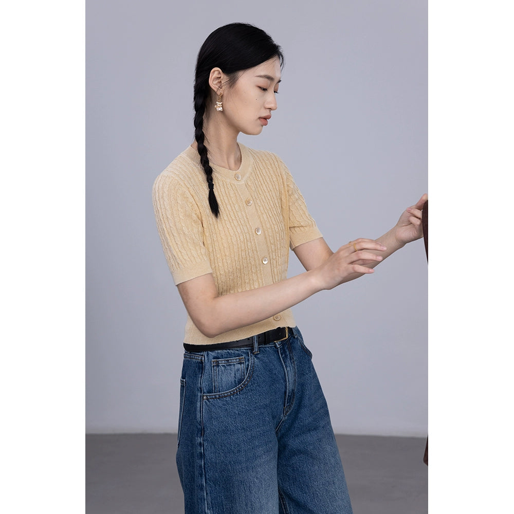 [Special Price] Two-color ramie knitted single-breasted cardigan top shows temperament elastic crew neck short sleeves
