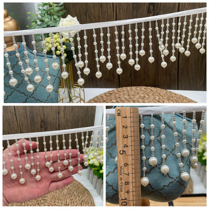 3736★ Ancho 8,5 cm Vestido de novia ondulado con flecos de perlas colgantes blancas Decoración de puños de traje Xiuhe Accesorios de encaje Hanfu