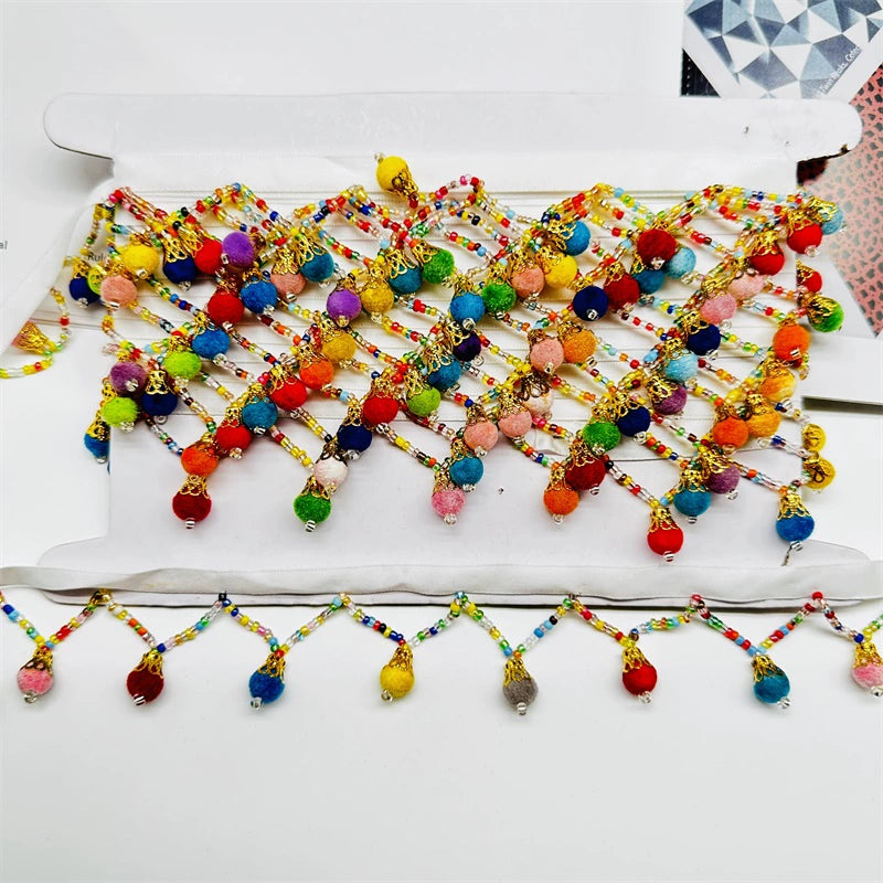 3682  Ethnic style small ball color handmade beaded curtains lace dance skirt fringed row whiskers ears ancient lamps straight hanging decoration