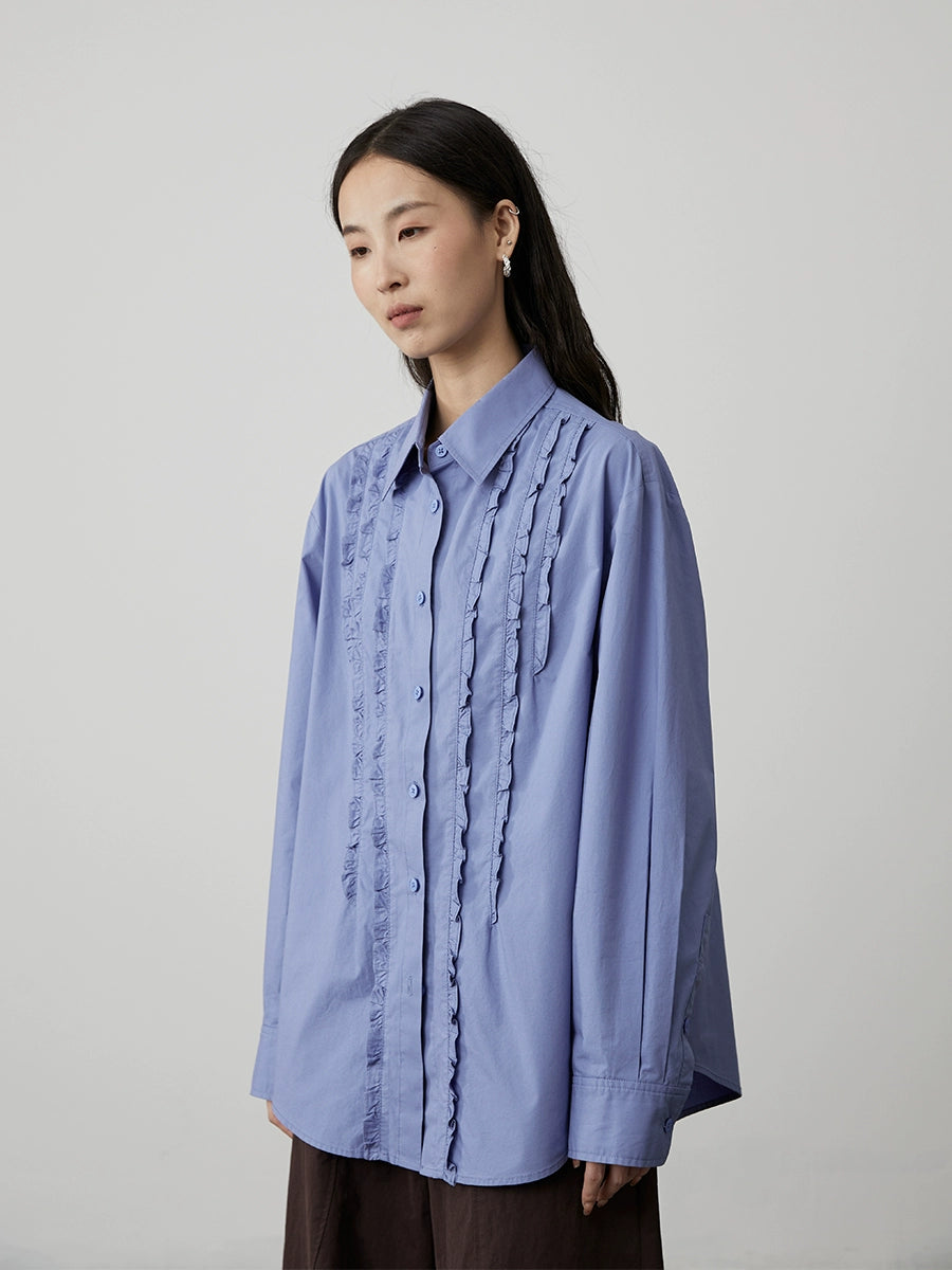 [Jacinto] CAREMIND camisa clásica azul romántica nicho empalme hongo borde manga larga top mujer otoño 