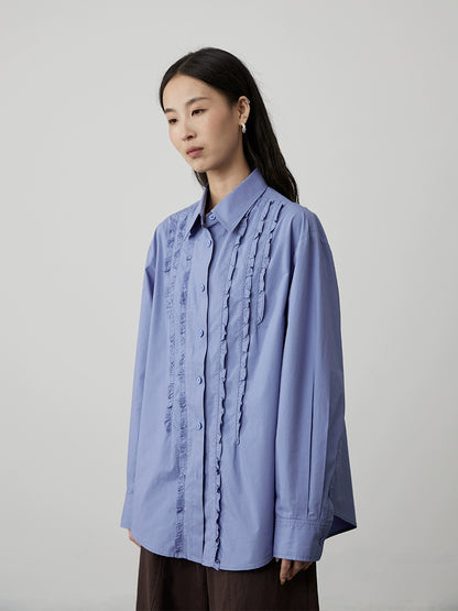 [Jacinto] CAREMIND camisa clásica azul romántica nicho empalme hongo borde manga larga top mujer otoño 