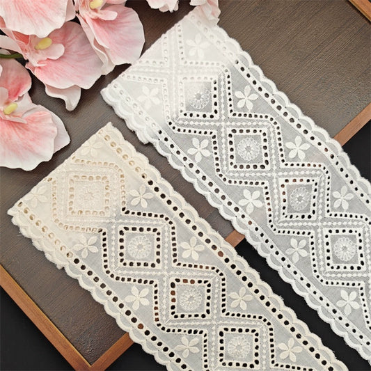 Tela vintage de algodón blanco albaricoque, con borde engrosado, bordado bilateral, 10,5 cm de ancho, hecha a mano, 3786