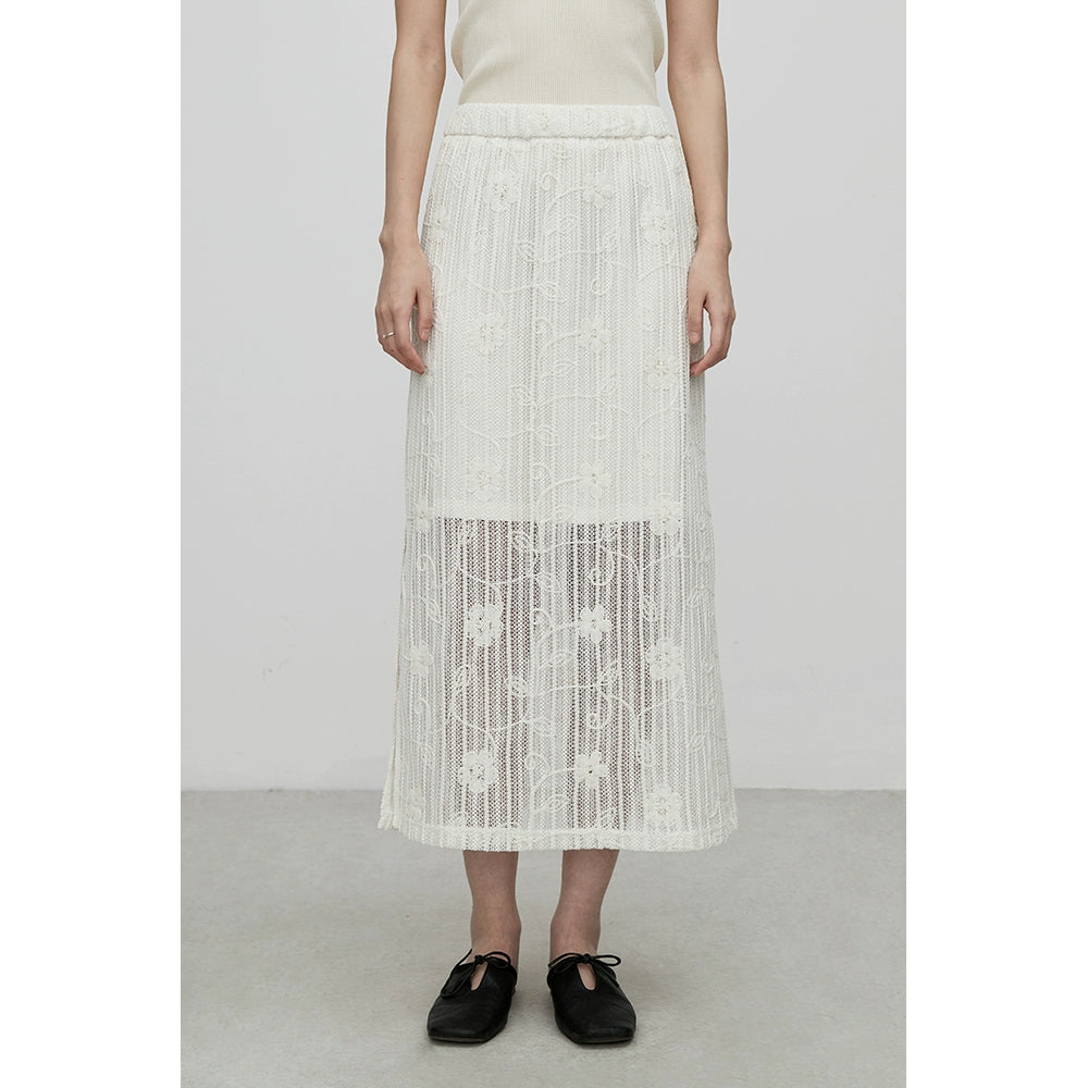 [Falda de flores] Falda de temperamento intelectual CAREMIND, diseño de patrón de industria pesada con bordado de encaje, falda mediana y larga 