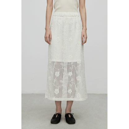 [Falda de flores] Falda de temperamento intelectual CAREMIND, diseño de patrón de industria pesada con bordado de encaje, falda mediana y larga 