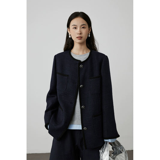 [Italian Slack] Chaqueta Xiaoxiangfeng azul marino elegante CAREMIND Nueva camiseta corta de temperamento premium Otoño 